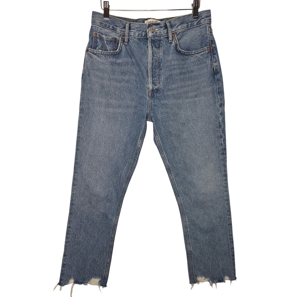 AGOLDE Riley Crop High Rise Jeans Womens 28 Blue Distressed Button Fly 15x27